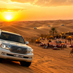 Luxury Dubai Desert Safari with dune bashing, camel rides and desert camp experience at sunset