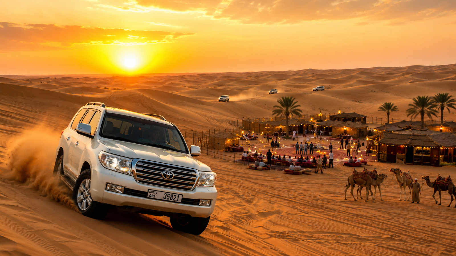 Luxury Dubai Desert Safari with dune bashing, camel rides and desert camp experience at sunset